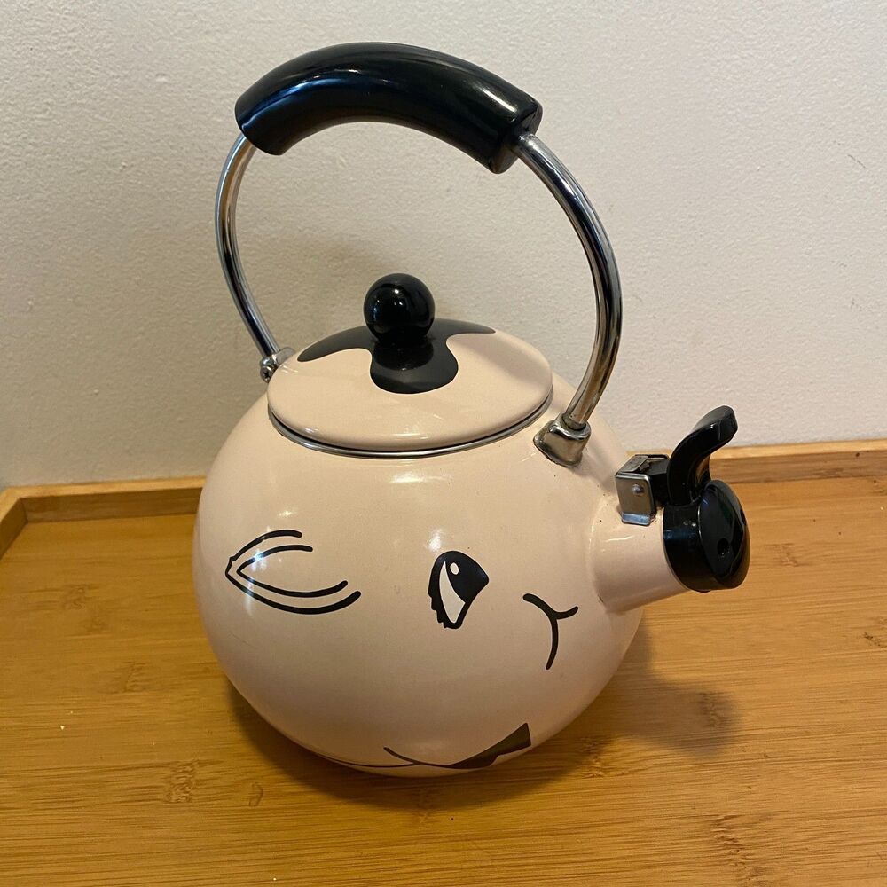 Cottagecore Kitsch Eclectic Vintage Pig Tea Kettle Enamel Whistling Teapot Cream